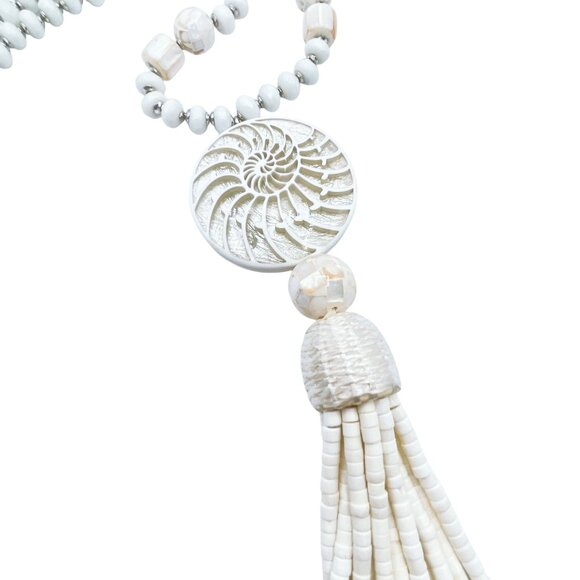 Chico's Shell Pendant Necklace With Beaded Tassel & Adjustable Chain - Picture 3 of 6